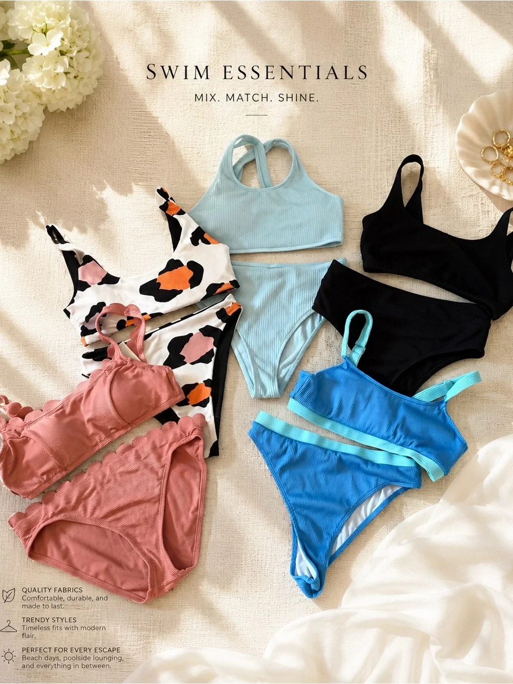 Women's Ribbed Light Blue High-Neck Bikini Set